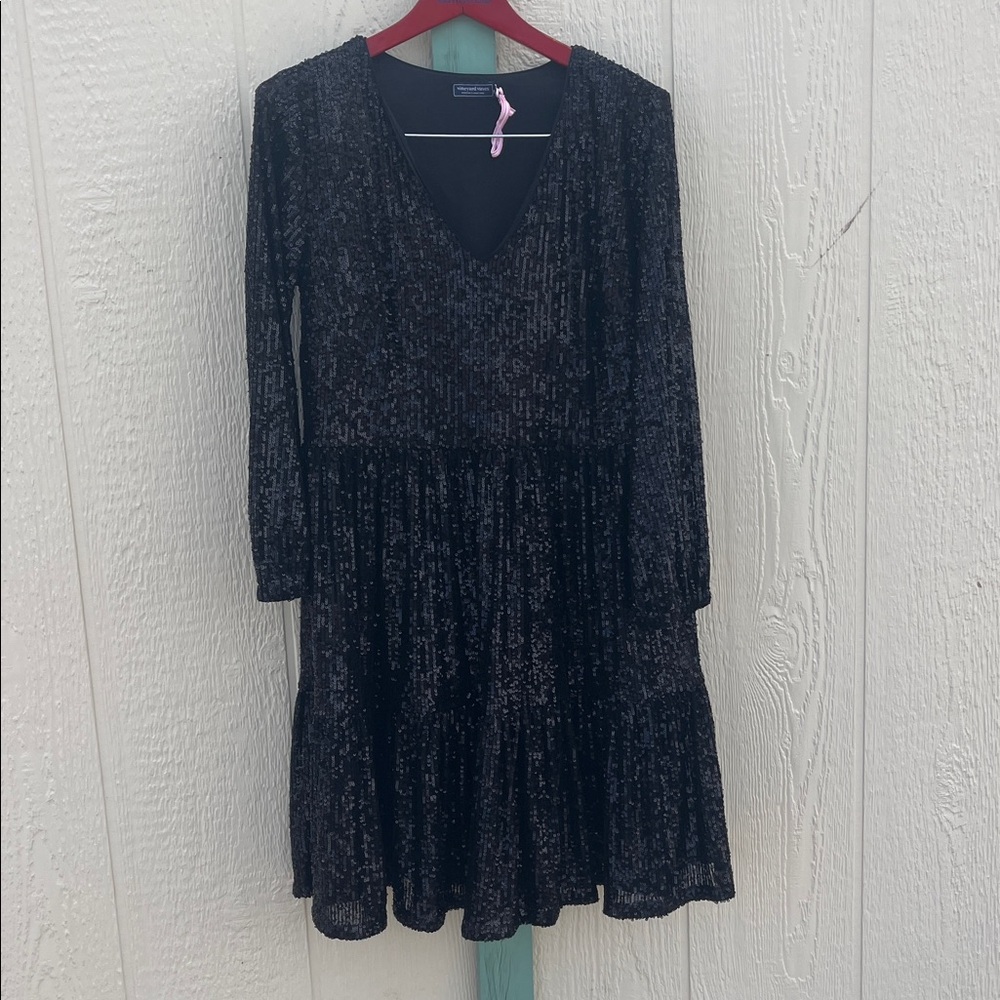 Vineyard Vines Black Sequin Tiered Dress | Long Sleeve Party Cocktail Holiday xs